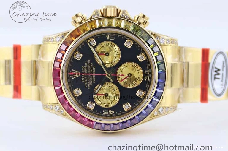 AAA Replica Watches 116595RBOW Black on A Diamonds 2406 Best YG 904L YG Dial Edition Bracelet Effortless TWF 1:1 Steel Daytona YG 0109